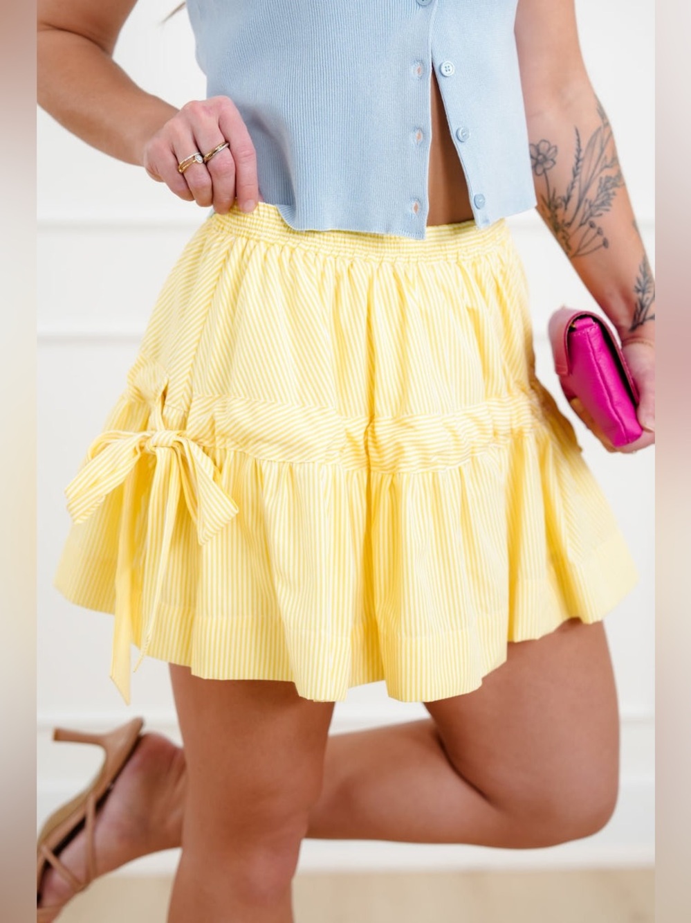 Wishlist yellow Pin Stripe Elastic Waist Mini Skirt with Side Ties size S NWOT - Picture 2 of 7